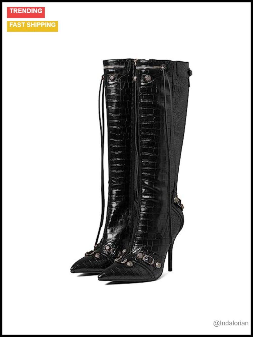 Knee High Stiletto Heel Boots Women Slide Zipper Pointed Toe Studded Party
